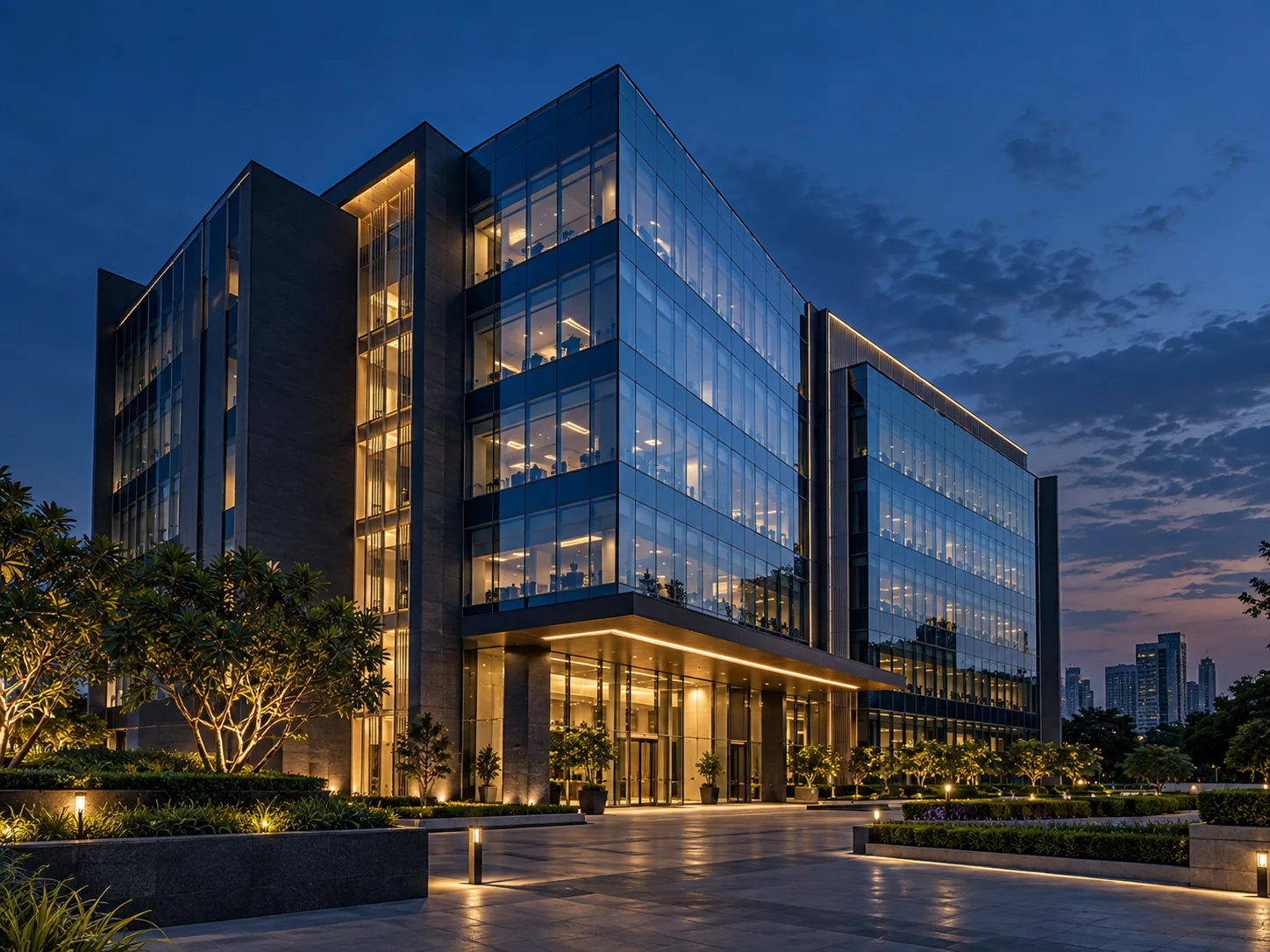 Modern Grade-A commercial office building at blue hour
