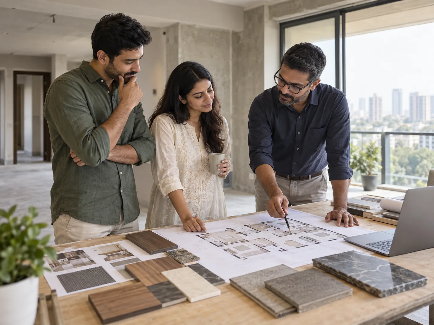 Couple reviewing plans and materials with an architect