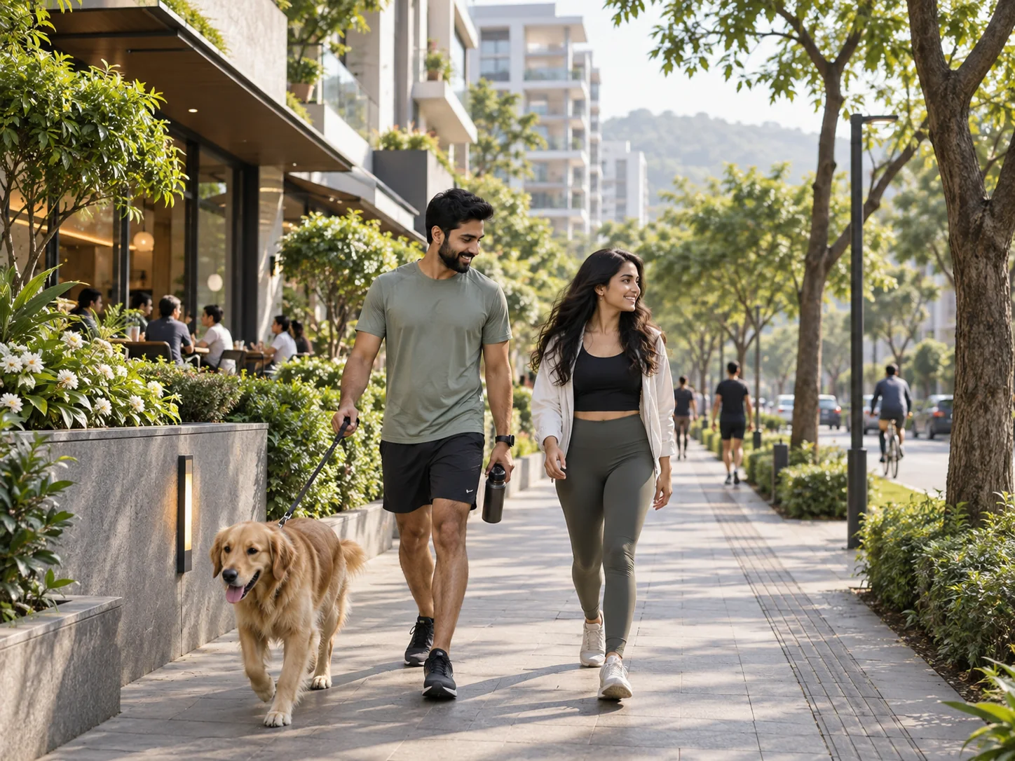 Couple enjoying a premium Pune neighbourhood with their dog