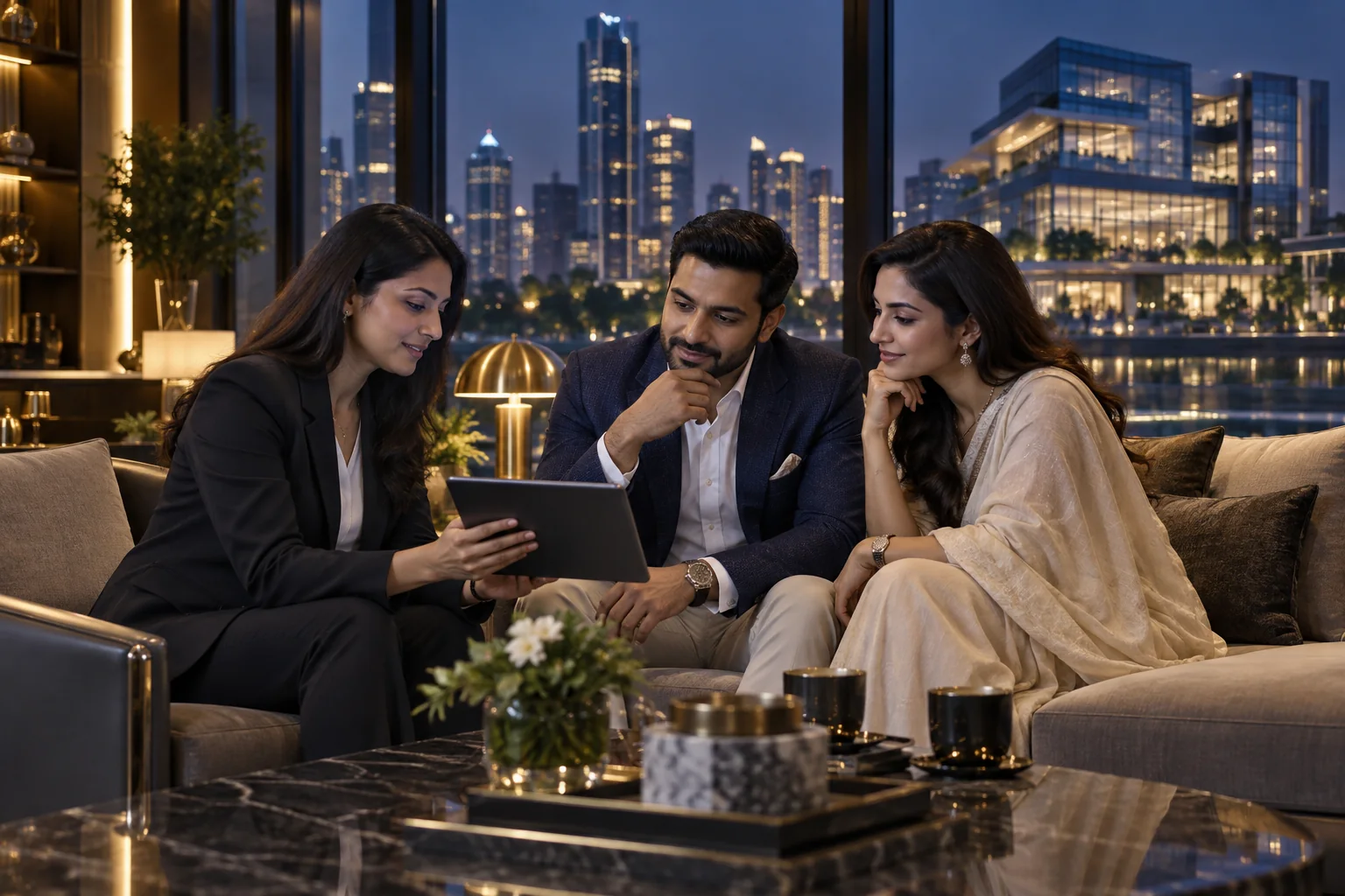 Couple reviewing a property investment with an advisor