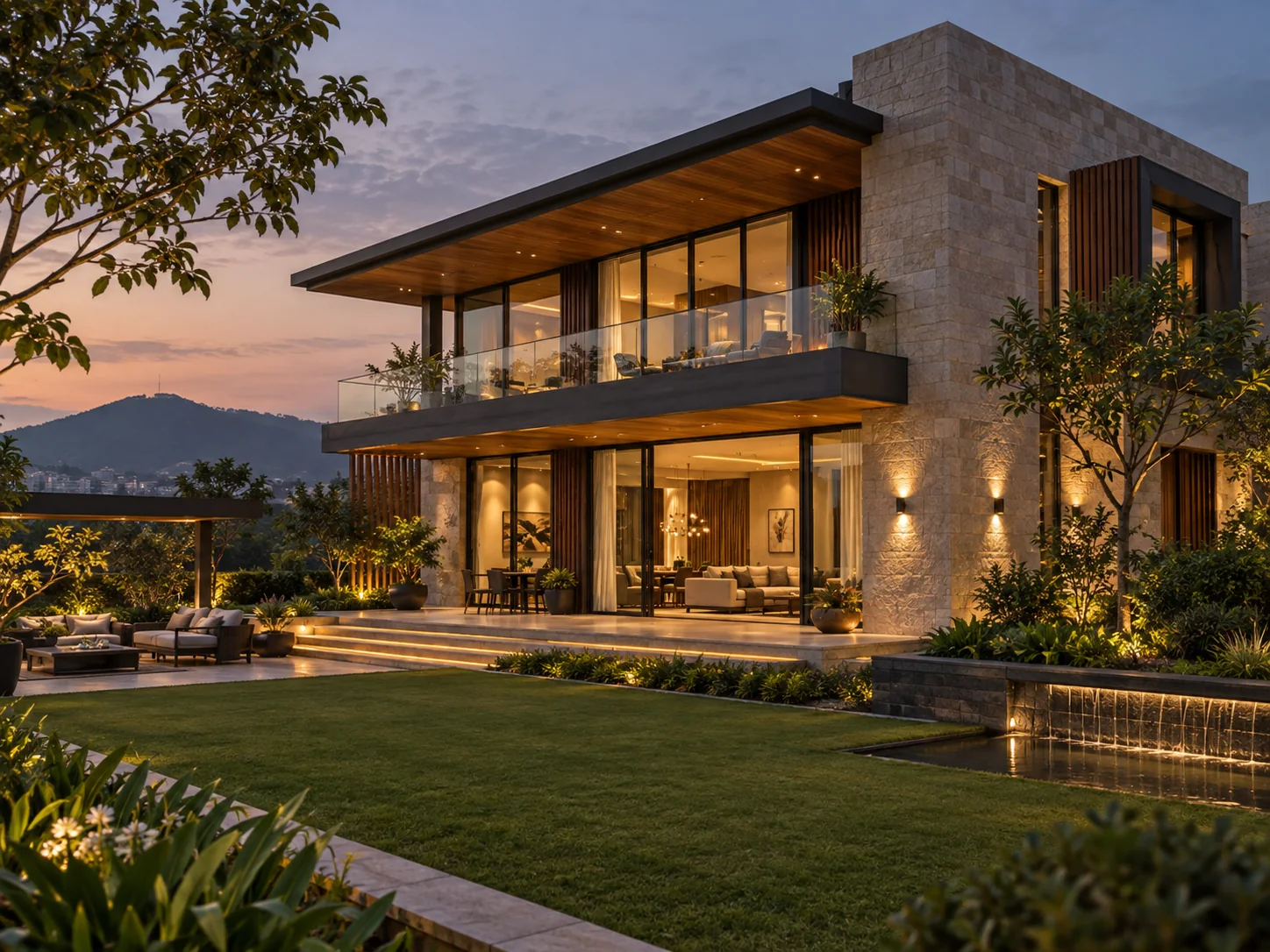 Luxury stone and timber villa in Pune at dusk