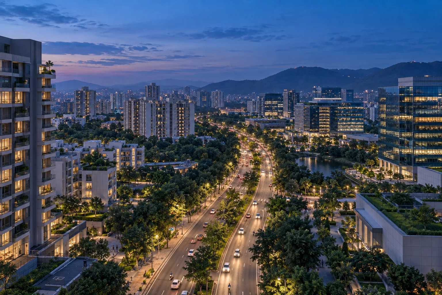 Modern Pune corridor with homes, offices and green infrastructure