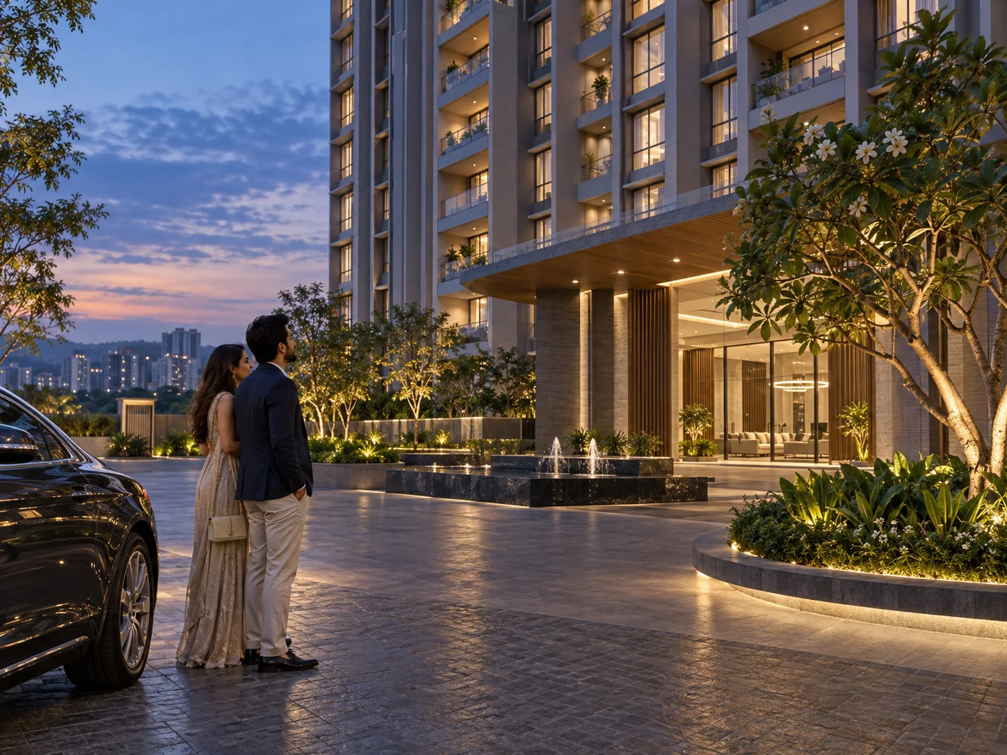 Couple arriving at a premium Pune apartment project