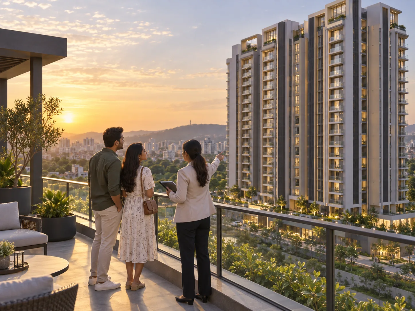 Couple reviewing a new residential project with an architect