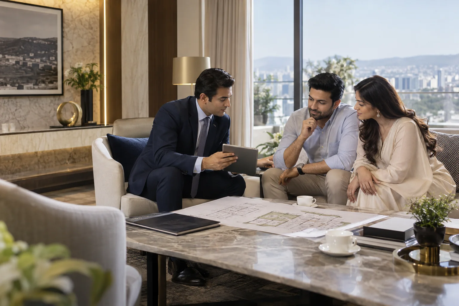 A Zorivo property advisor discussing plans with homebuyers