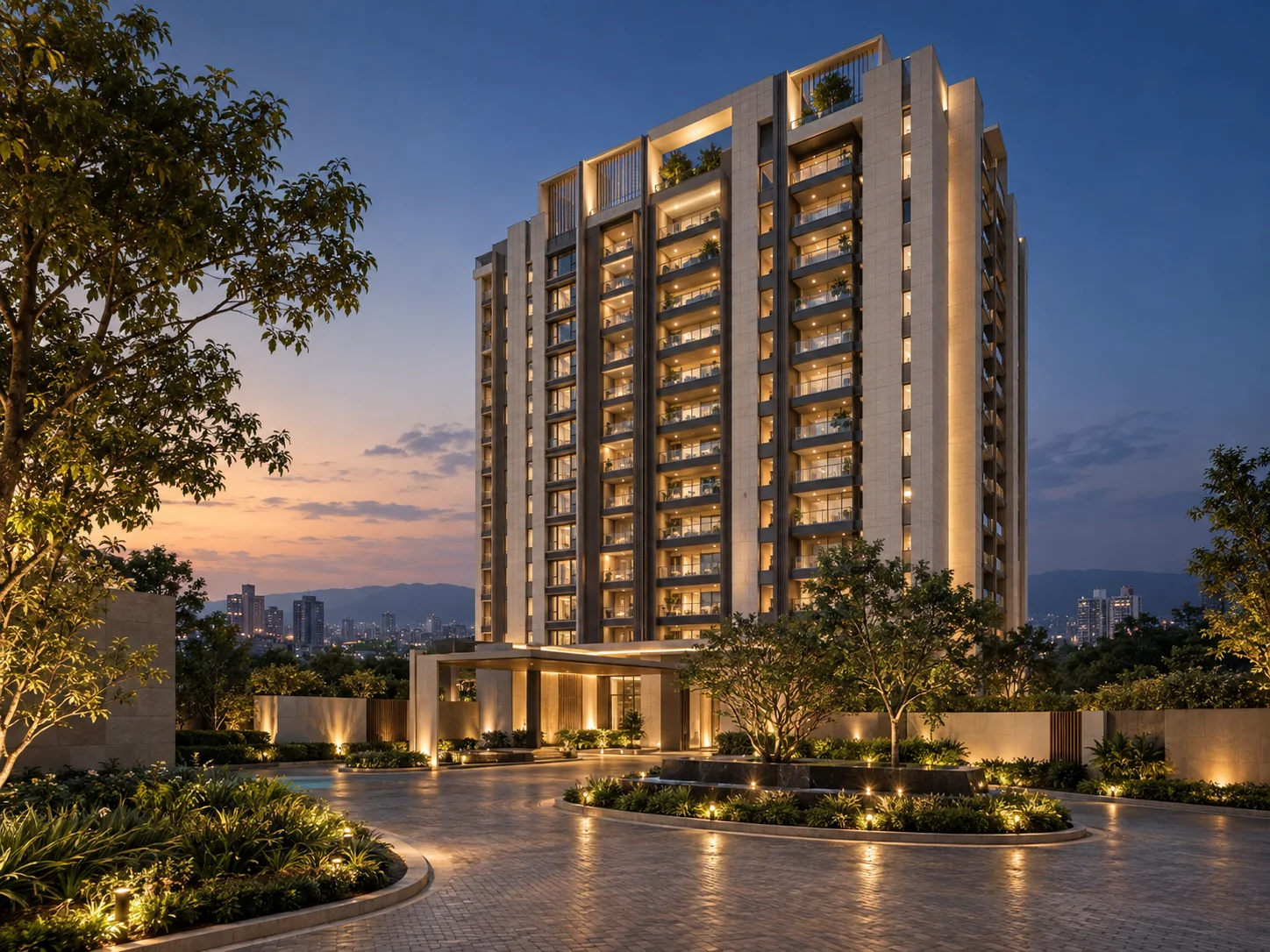 Contemporary premium apartment tower at dusk