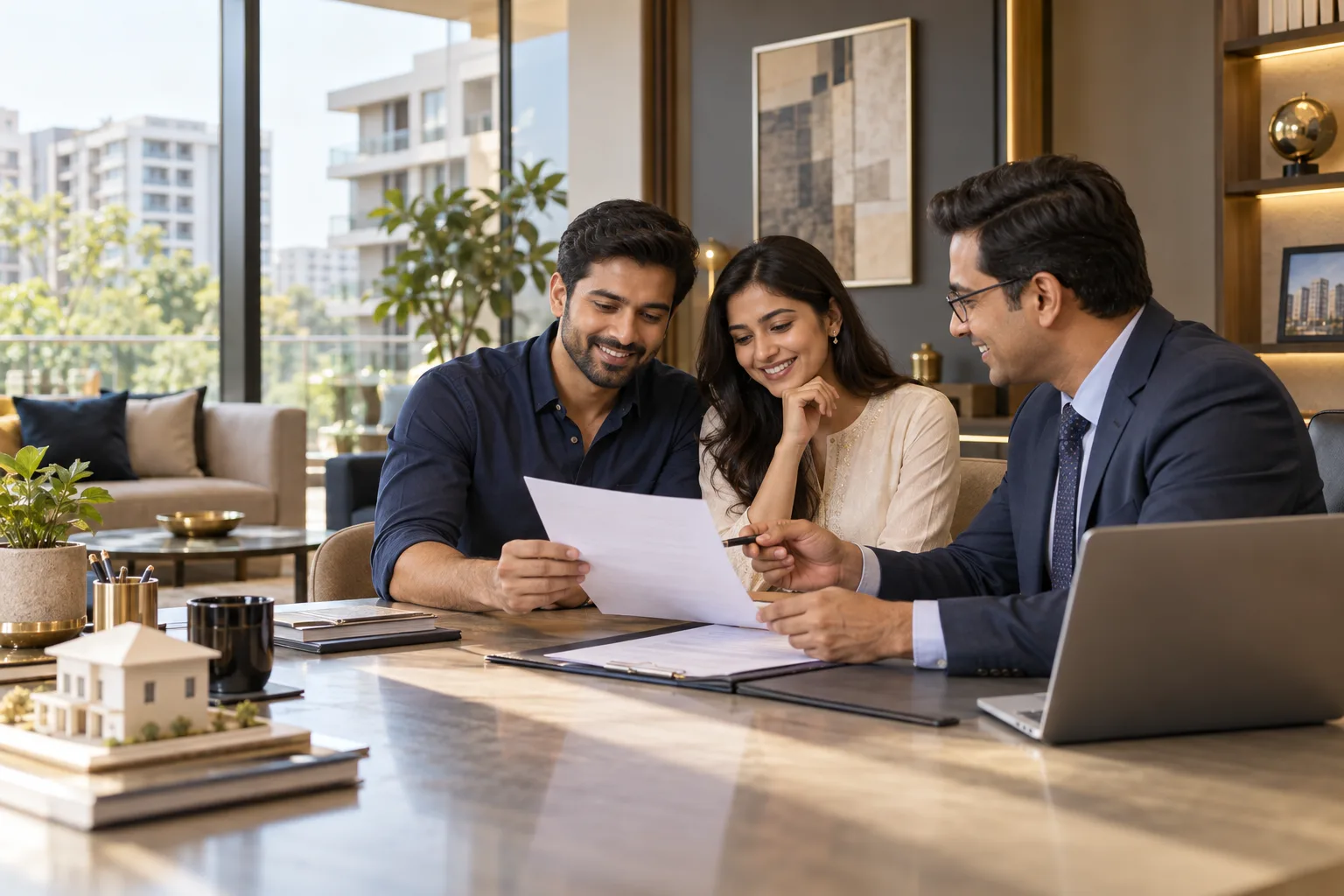 Happy couple reviewing home finance with an advisor