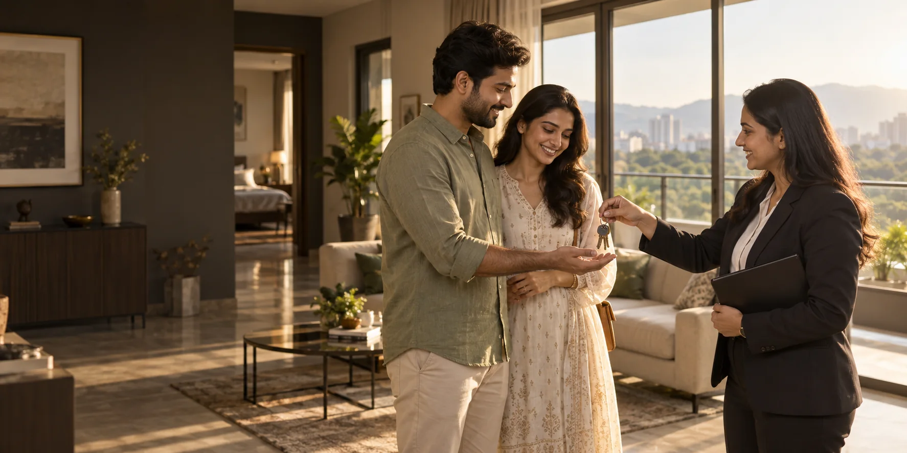Happy couple receiving the keys to their new Pune home
